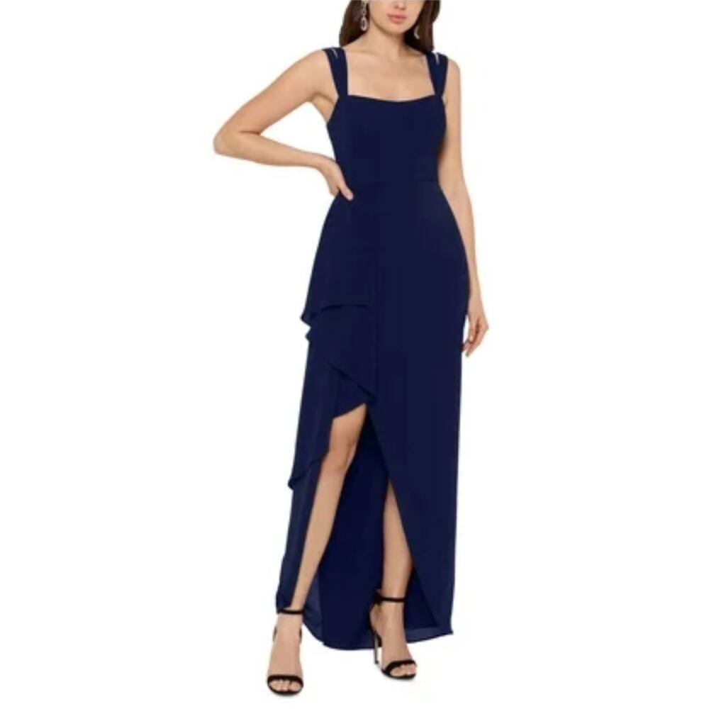 XSCAPE Blue Evening Column Gown Sleeveless Double Strap High Low Dress Size 6